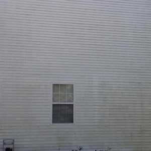 Before photo of vinyl siding that has dirt and algae on the side of a house with two windows